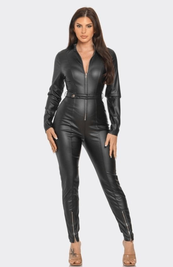 Diane Front zipper Pu Leather  Catsuit Jumpsuit-Black