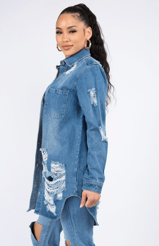 Laila Long Sleeves Denim Shirts Jacket-Medium Blue