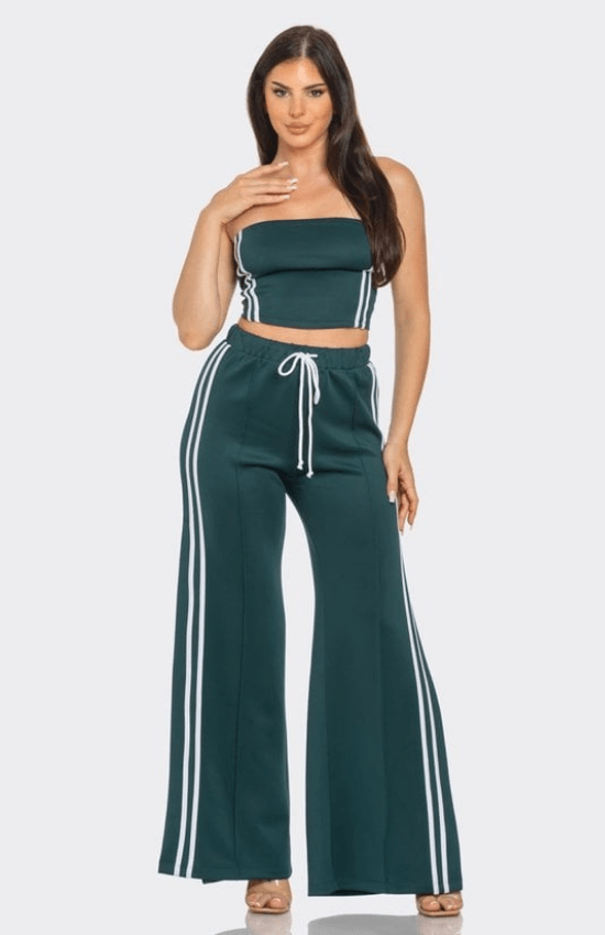 Alyssa Sleeveless Solid Side Two Stripe Detail Tube Crop Top and Side Slit Flare Pants Set-Hunter Green/White