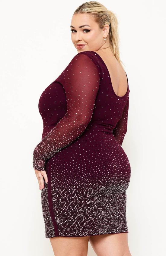 Gloria Long Sleeves Ombre Rhinestone Mesh Plus Size Mini Dress-Maroon