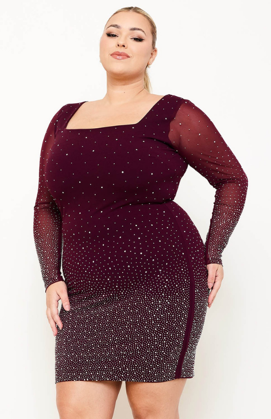 Gloria Long Sleeves Ombre Rhinestone Mesh Plus Size Mini Dress-Maroon