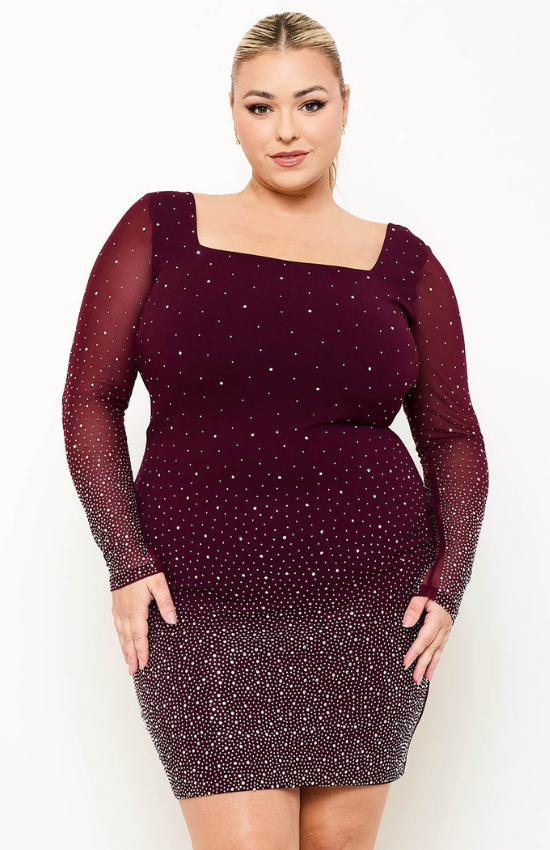 Gloria Long Sleeves Ombre Rhinestone Mesh Plus Size Mini Dress-Maroon