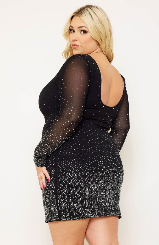 Gloria Long Sleeves Ombre Rhinestone Mesh Plus Size Mini Dress-Black