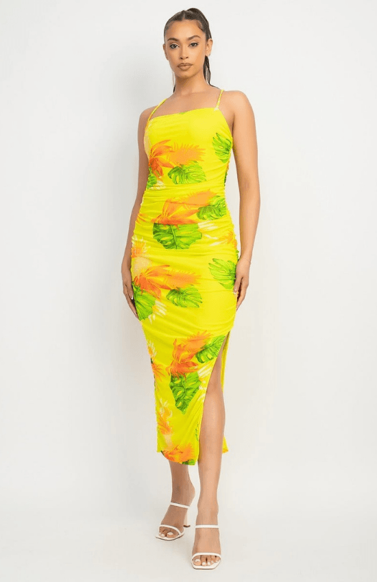 Djoune Tropical Print Features a Square Neckline Adjustable Bodycon dress