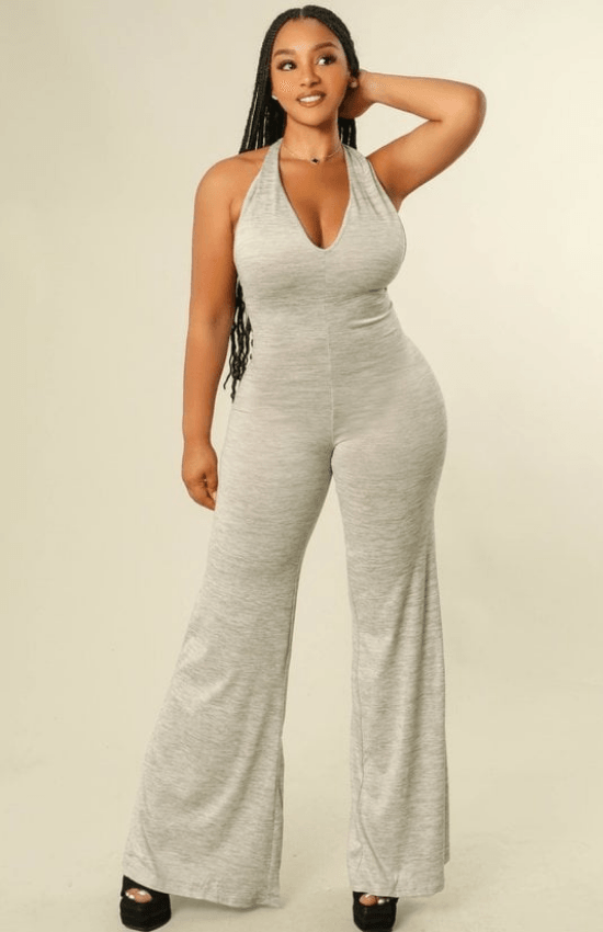 Evely Halter Neck Loose Legs Jumpsuit-Heather Grey