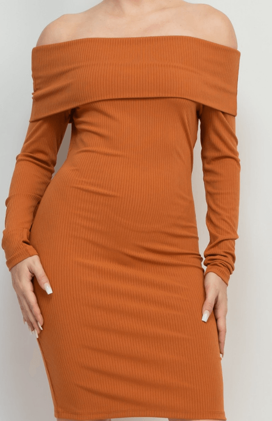 Brianna Ribbed Off-Shoulder Long Sleeves Midi Dress