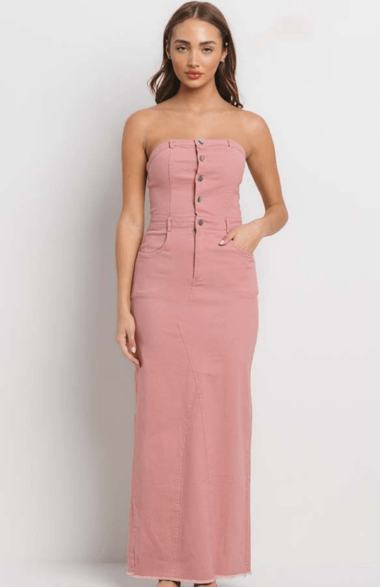 Betty Stretch Front Buttons Tube Maxi Dress-Pink