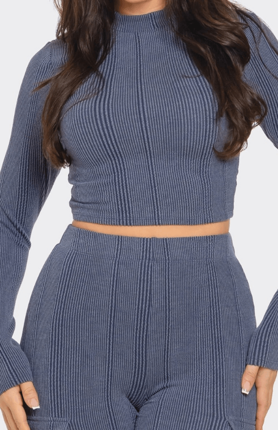 Kaliah Rib Solid Mock Neck Long Sleeve Crop Top and Side Cargo Pockets Pants Set-Denim Blue