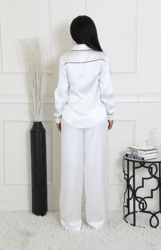 Junie Top Collar Long Sleeves Front Button High Waist Pants Set-Ivory