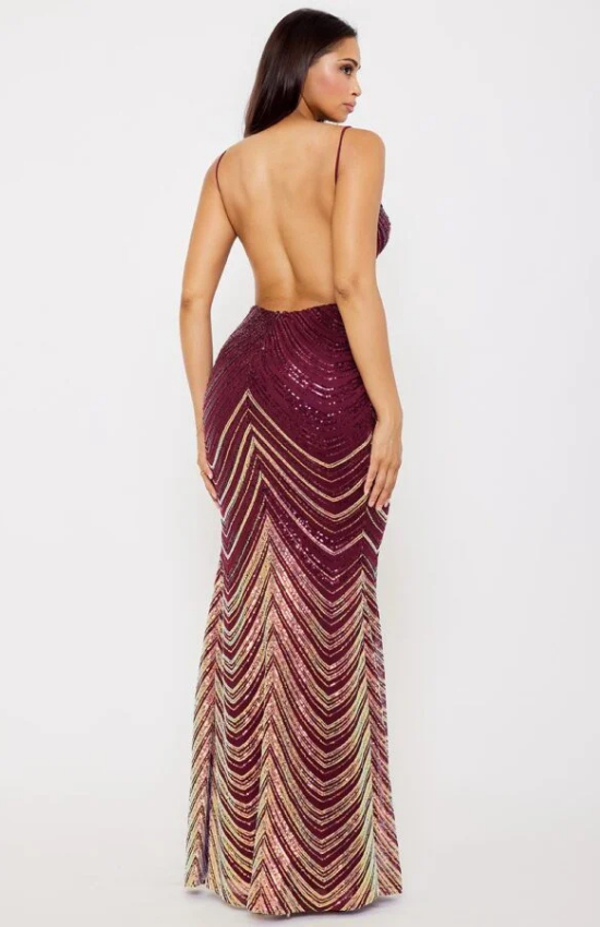 Lisa Ombre Sequin Chevron Pattern Open Back Maxi Dress-Maroon