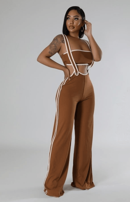 Megan Tube Top No Closure Pants with a Shoulder Strap Two Piece Set-Cinnamon