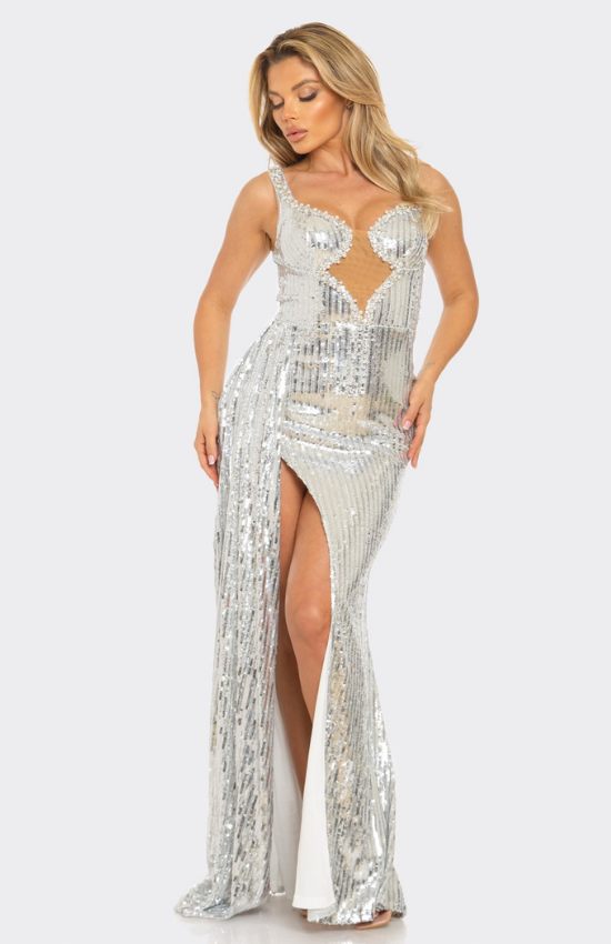 Andriana Sequin Sleeveless Embellished Side Draped Maxi Dress