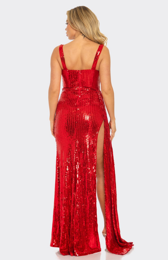 Andriana Sequin Sleeveless Embellished Side Draped Maxi Dress