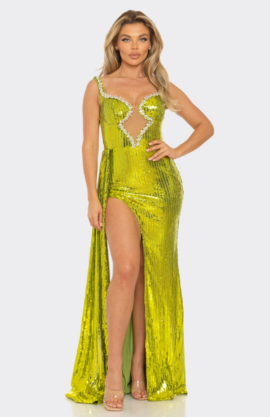 Andriana Sequin Sleeveless Embellished Side Draped Maxi Dress