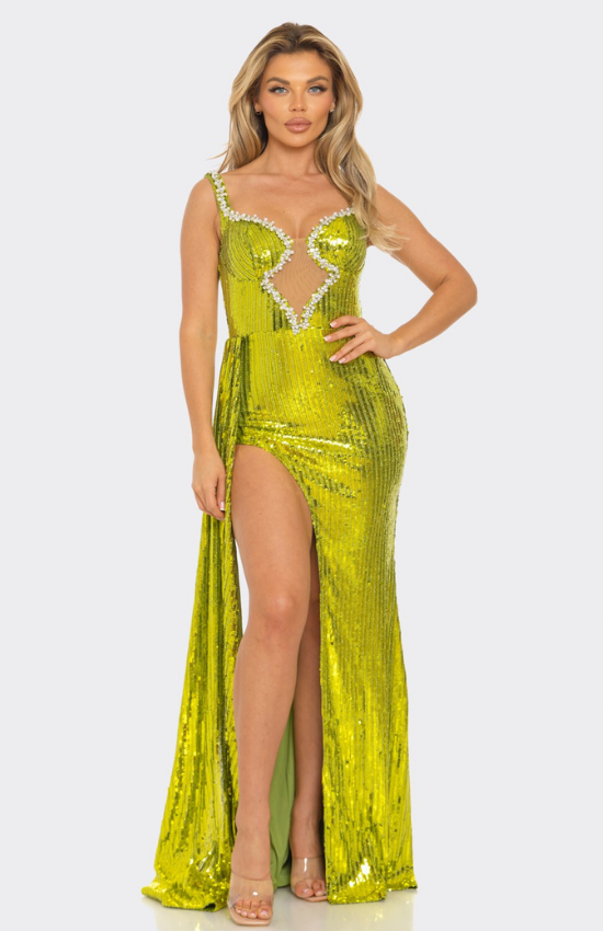 Andriana Sequin Sleeveless Embellished Side Draped Maxi Dress