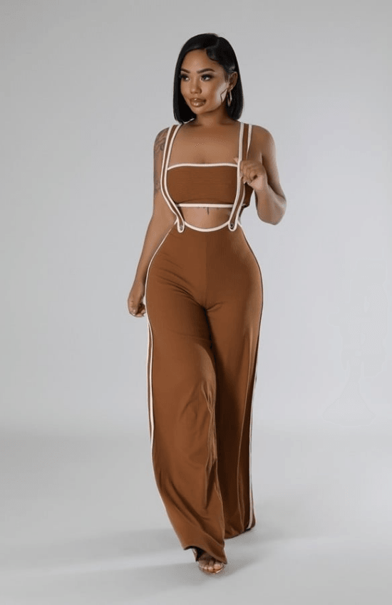 Megan Tube Top No Closure Pants with a Shoulder Strap Two Piece Set-Cinnamon