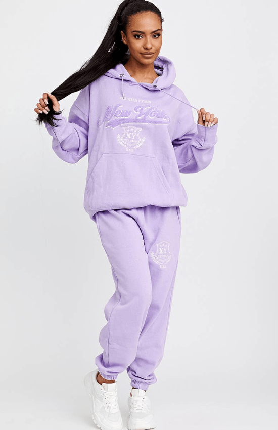 Kaliah Toweling Embroidered New York Hooded Fleece Set-Lilac