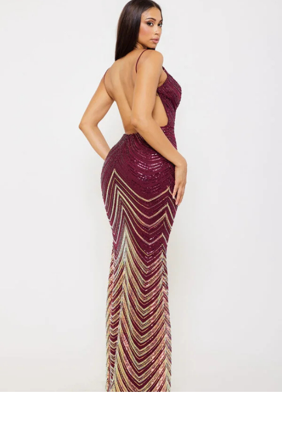 Lisa Ombre Sequin Chevron Pattern Open Back Maxi Dress-Maroon