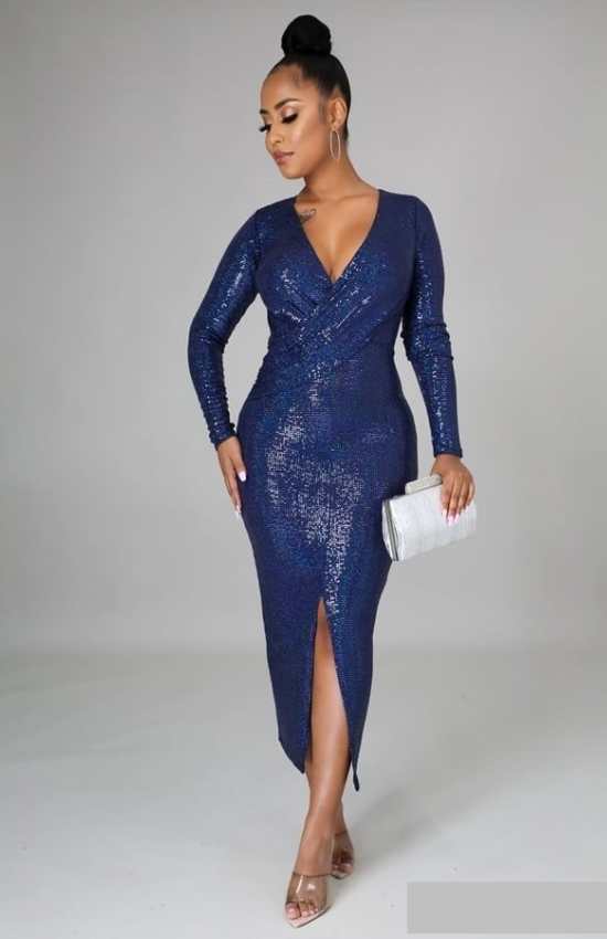 Marlie Sequins Long Sleeves Maxi Dress-Navy/Green