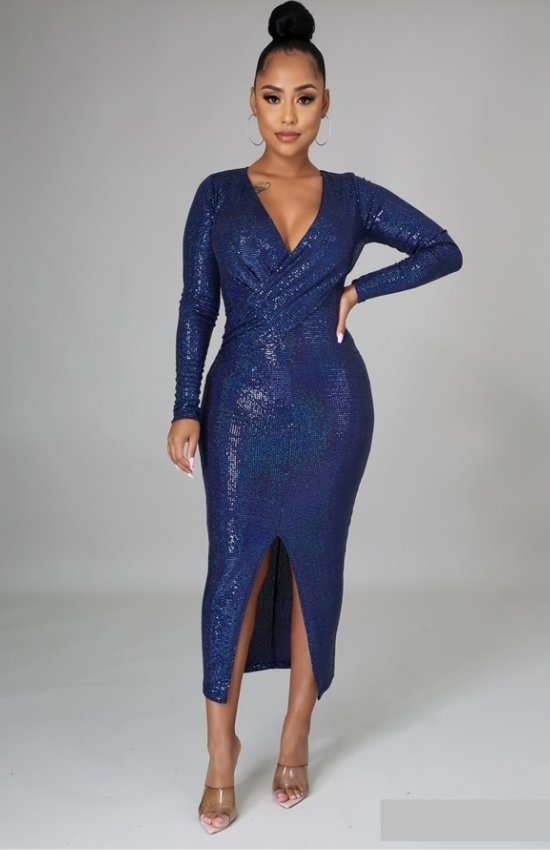 Marlie Sequins Long Sleeves Maxi Dress-Navy/Green