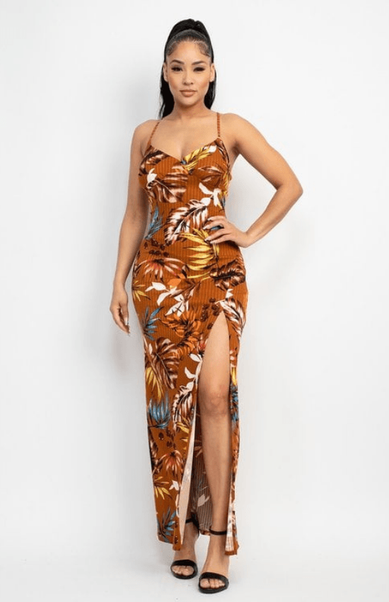 Liana Hawaiian Print Sleeveless Surplice Neckline Crossed Back And Side Slit Maxi Dress