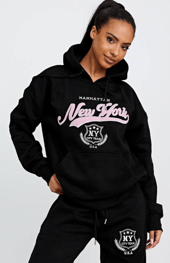 Kaliah Toweling Embroidered New York Hooded Fleece Set-Black