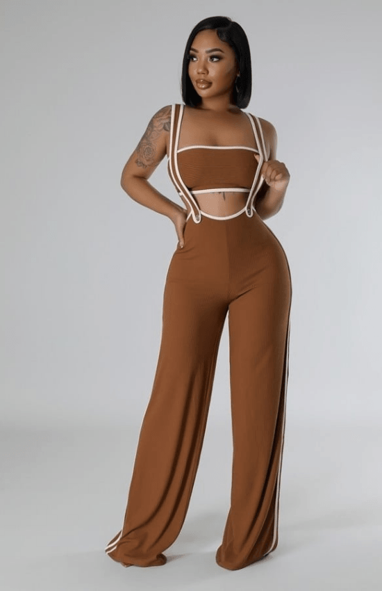 Megan Tube Top No Closure Pants with a Shoulder Strap Two Piece Set-Cinnamon