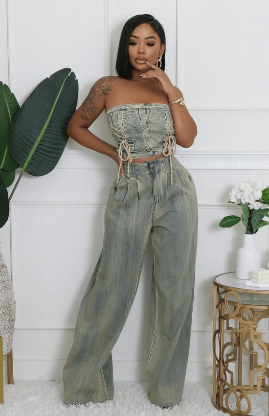 Alyssa Tube Top High-Waisted Pants Wide-Leg Button Zipper Closure Stretch Pant Set