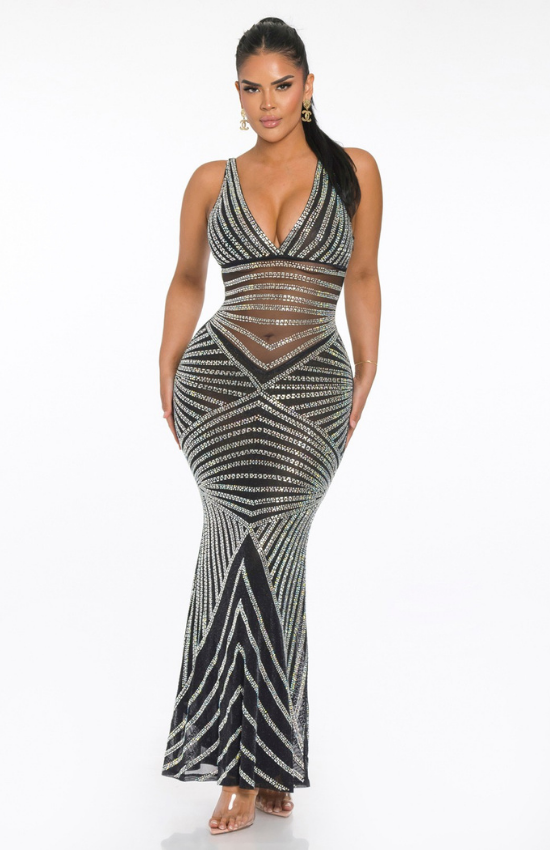 Alice Rhinestone Mesh Contrast Deep V- Neck Maxi Dress