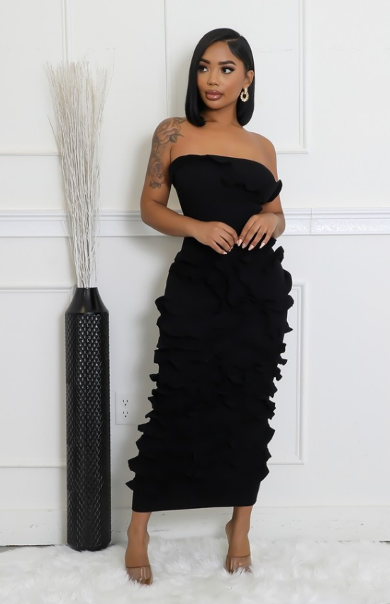 Elegant Tube Knitted Texture Stretch Maxi Dress-Black