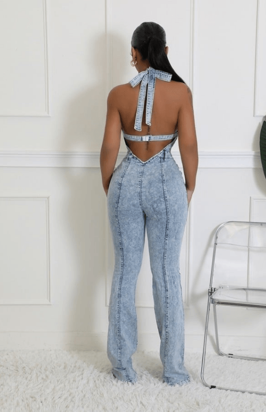 Chic Fashion Semi- Stretch Denim Halter V-Neck Open Back Front Button Zipper Jumpsuit