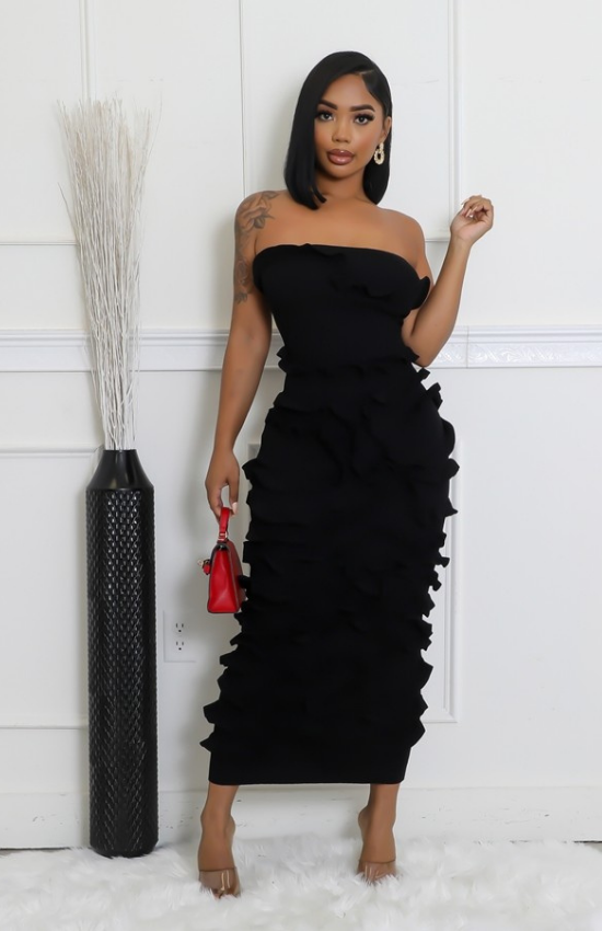 Elegant Tube Knitted Texture Stretch Maxi Dress-Black