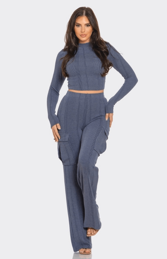 Kaliah Rib Solid Mock Neck Long Sleeve Crop Top and Side Cargo Pockets Pants Set-Denim Blue