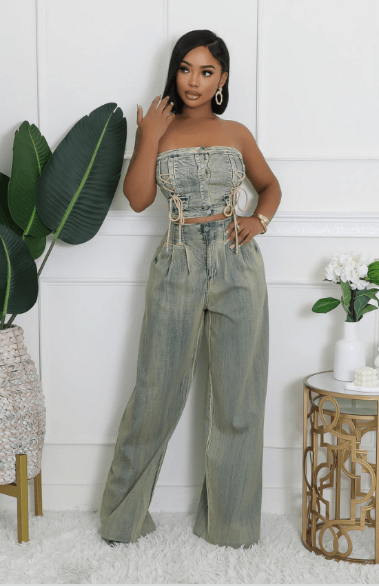 Alyssa Tube Top High-Waisted Pants Wide-Leg Button Zipper Closure Stretch Pant Set