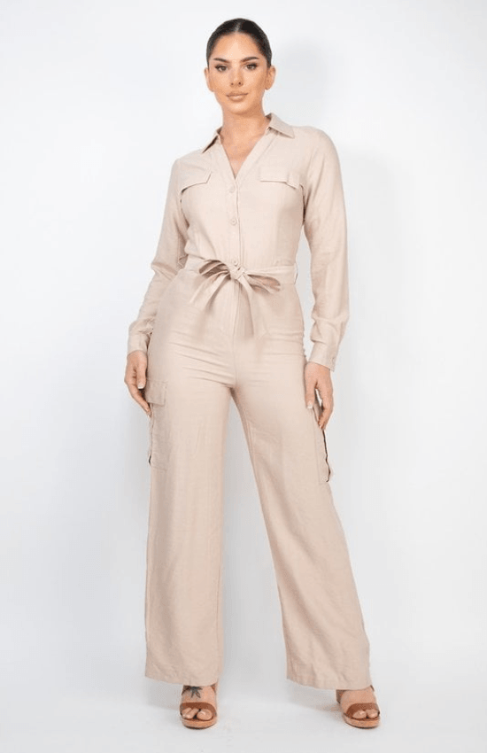 Maria Statement Piece Button-down with Zip-Up Sash Belt Cargo Bottom Straight Leg Jumpsuit