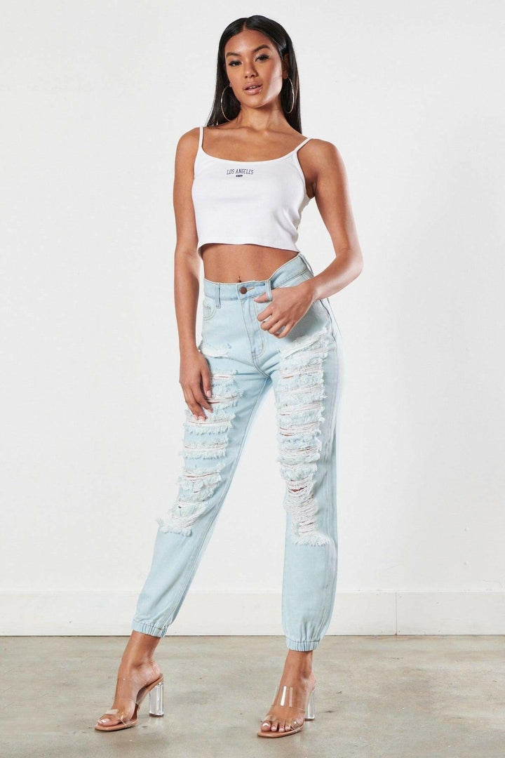 BENITA high waisted distressed mom with elastic waistband. - La Belle Gina Boutique