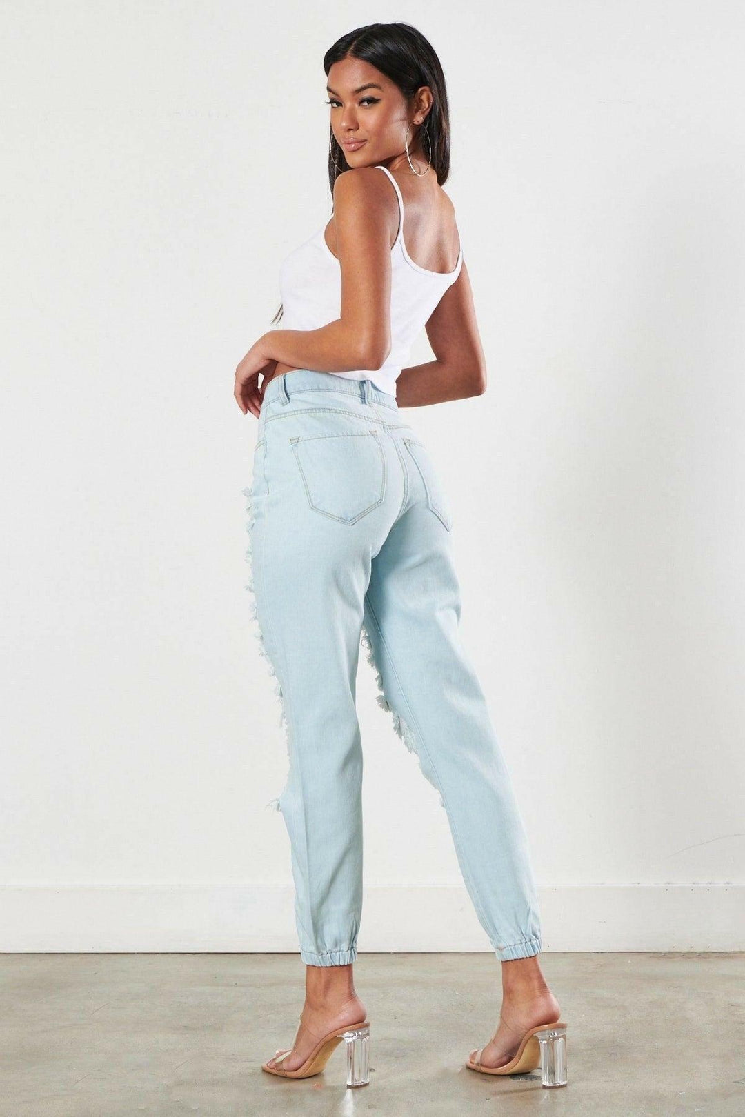 BENITA high waisted distressed mom with elastic waistband. - La Belle Gina Boutique