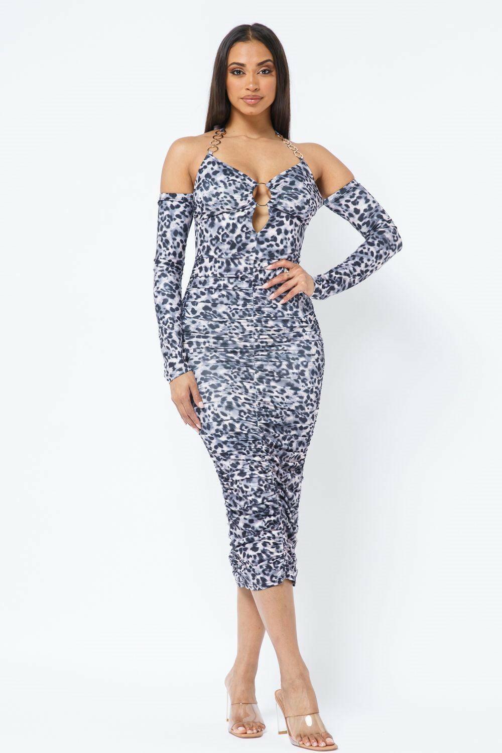 BENITA midi animal print top open shoulder with attached long sleeve dress. - La Belle Gina Boutique