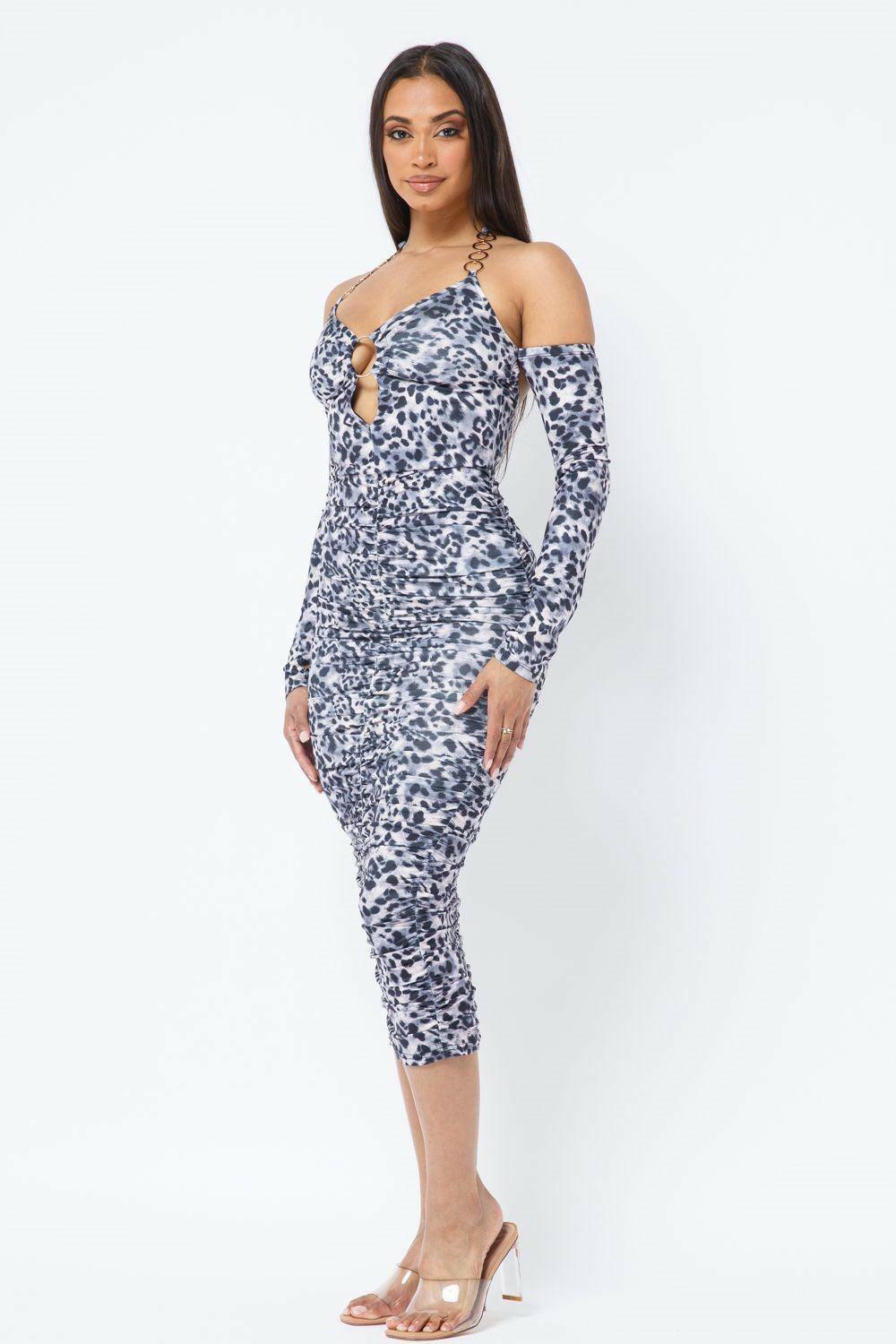 BENITA midi animal print top open shoulder with attached long sleeve dress. - La Belle Gina Boutique