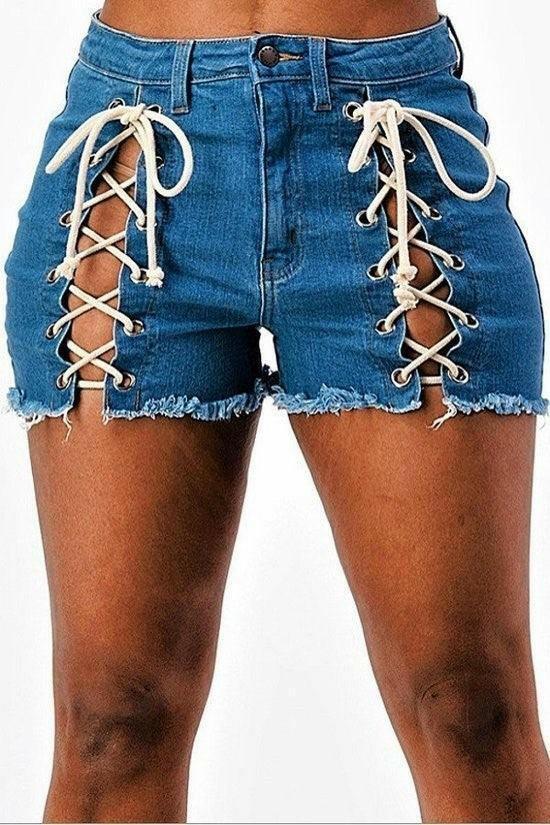 BOO High rise short medium blue denim Front lace up. - La Belle Gina Boutique