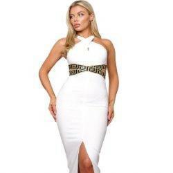 Camille Crossed Front Halter Geo Trim Mini Dress-Ivory - La Belle Gina Boutique