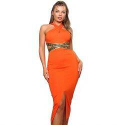 Camille Crossed Front Halter Neck Geo Trim Mini Dress-Orange - La Belle Gina Boutique