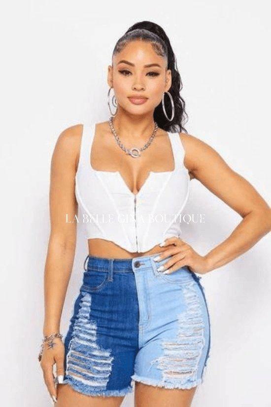 CLARA corset crop top features front center zipper hook. - La Belle Gina Boutique