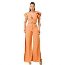 Clara Ruffle Trim Top And Slit Pants Set-Baby Orange - La Belle Gina Boutique