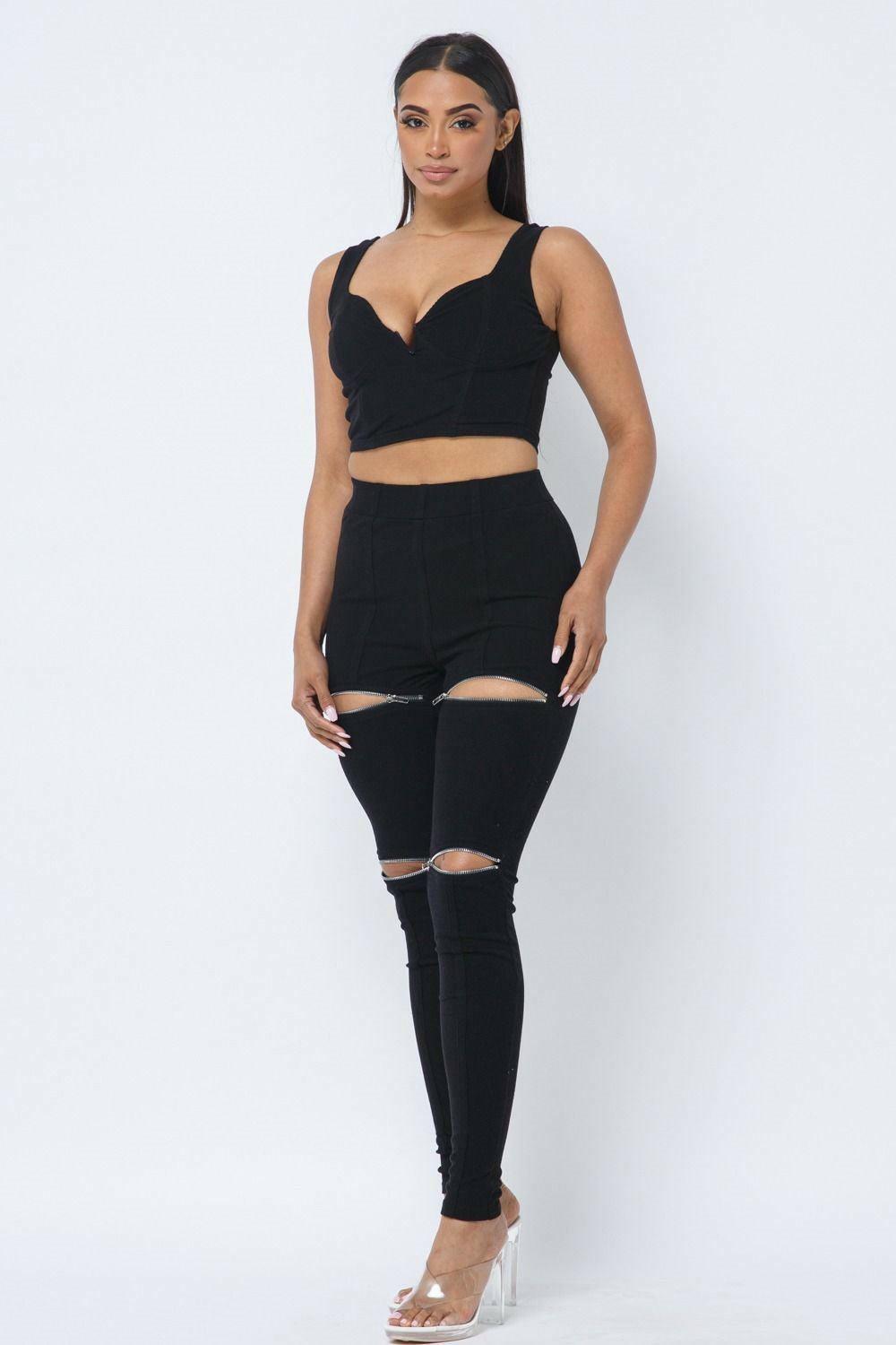 DANE Spaghetti strap crop top with high zipper legging set - La Belle Gina Boutique