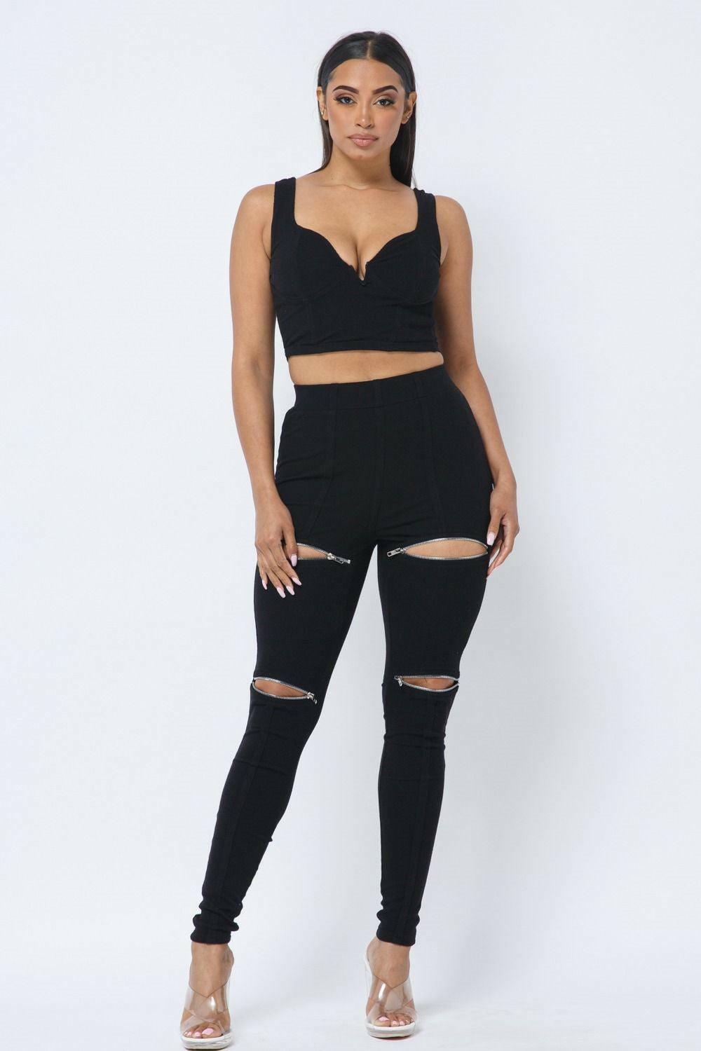 DANE Spaghetti strap crop top with high zipper legging set - La Belle Gina Boutique