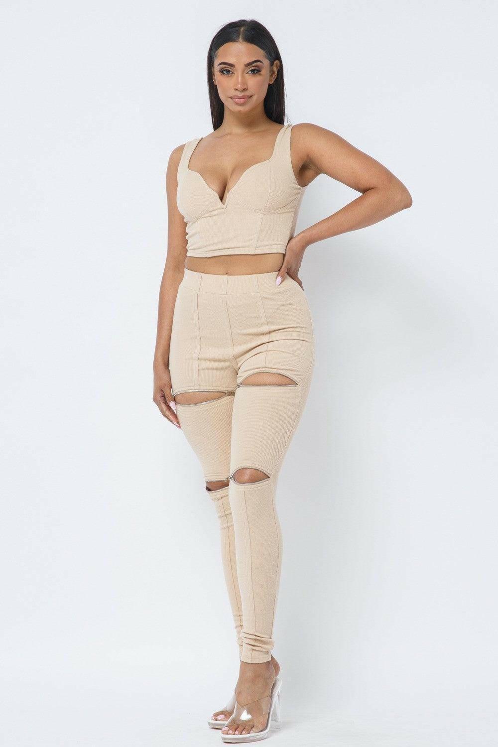 DANE Spaghetti strap crop top with high zipper legging set - La Belle Gina Boutique