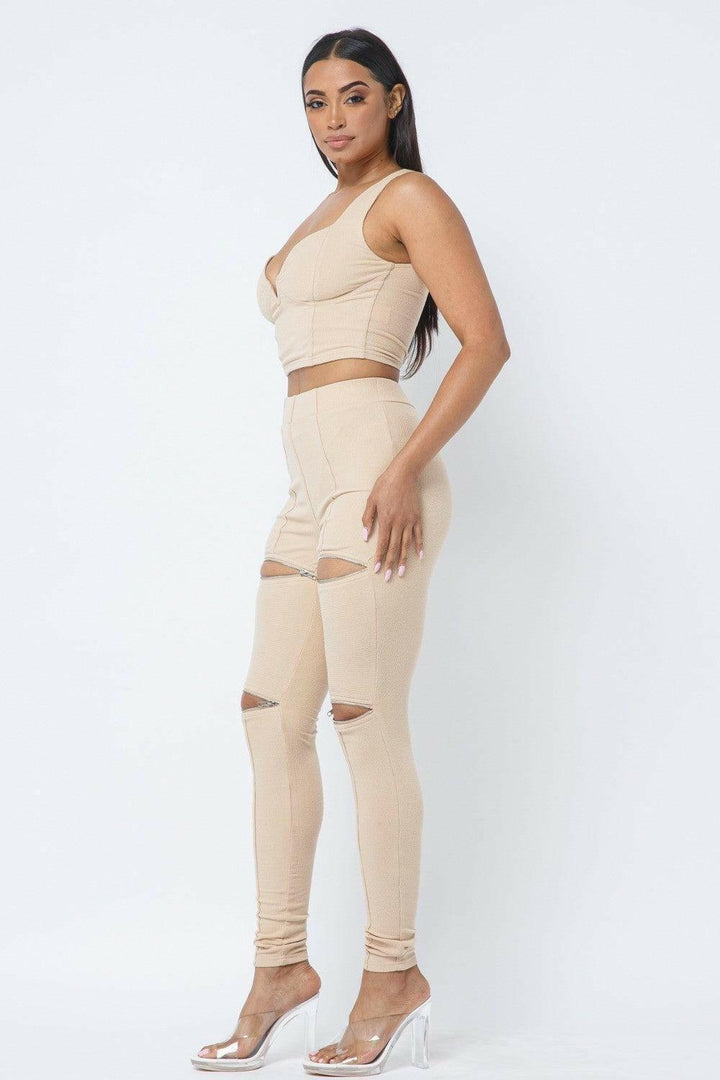 DANE Spaghetti strap crop top with high zipper legging set - La Belle Gina Boutique