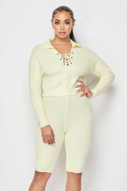 Ena eyelet lace up top with bicycle pants sweater set - La Belle Gina Boutique