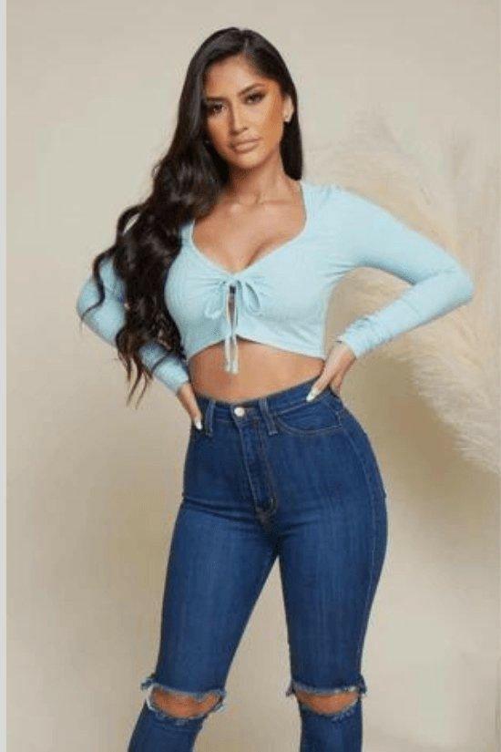 Ena long sleeves blue crop top-Blue - La Belle Gina Boutique